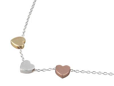 Sterling Silver Three Heart Design Necklet Plated Silver Yellow And   Rose 18