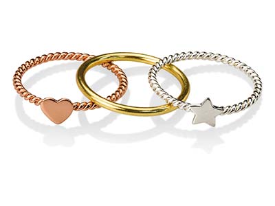 Sterling Silver Heart And Star      Design Three Stacking Rings, Size O Plated Sil, Yellow And Red - Standard Image - 2