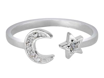 Sterling Silver Cubic Zirconia Moon And Star Design Adjustable Ring - Standard Image - 1